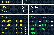 The e-Pet screen, in English